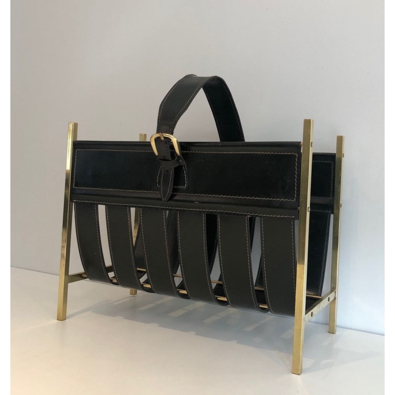 Porte-Revues Forme Sac à Main Laiton & Cuir, Jacques Adnet, Art Déco, v.1940