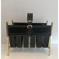 Porte-Revues Forme Sac à Main Laiton & Cuir, Jacques Adnet, Art Déco, v.1940