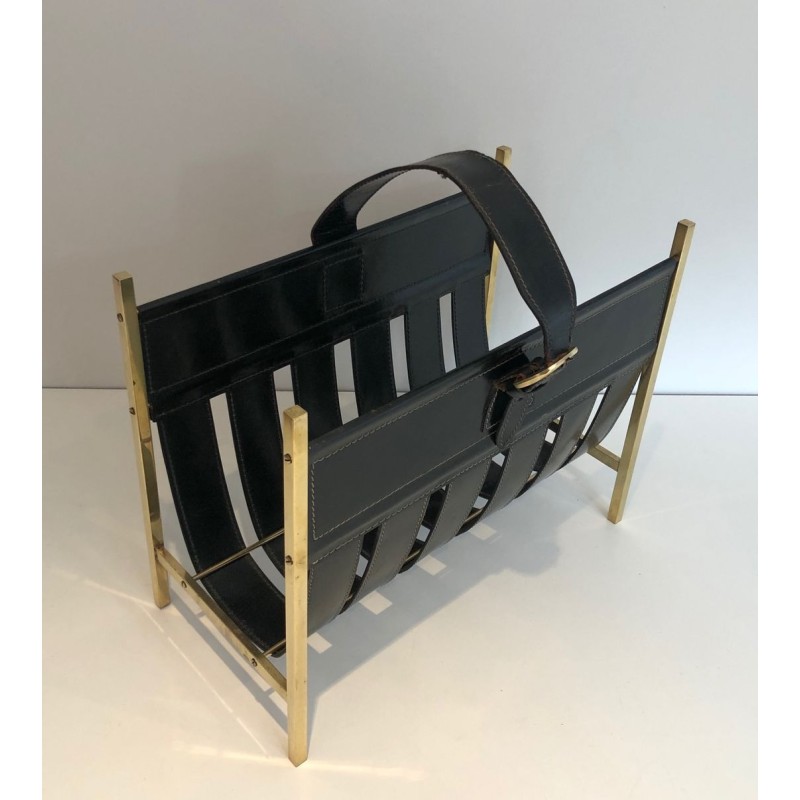 Porte-Revues Forme Sac à Main Laiton & Cuir, Jacques Adnet, Art Déco, v.1940