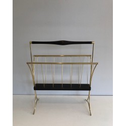 Blackened Wood & Brass Magazine Rack, Italian Mid-Century Modern, c.1950
