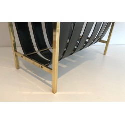 Handbag-Form Brass & Leather Magazine Rack, Jacques Adnet, Art Déco, c.1940