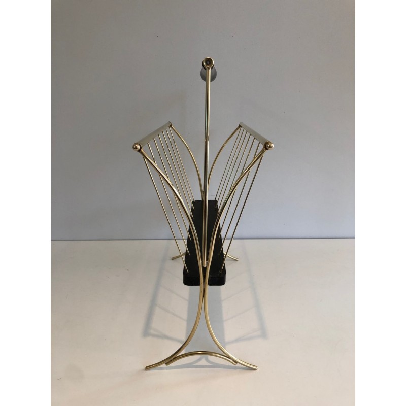 Porte-Revues Bois Noirci & Laiton, Travail Italien Mid-Century, v.1950