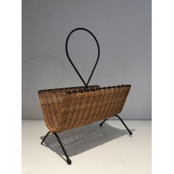 Porte-Revues Rotin & Métal Laqué Noir, Travail Français Mid-Century, v.1950