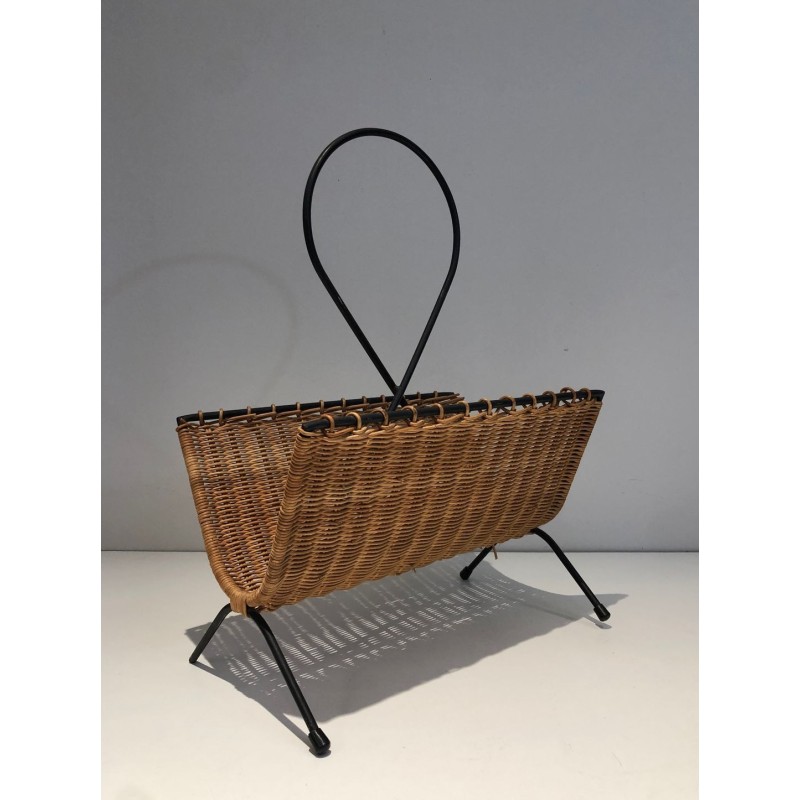 Rattan & Black Lacquered Metal Magazine Rack, French Mid-Century, c.1950