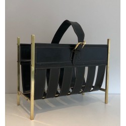 Handbag-Form Brass & Leather Magazine Rack, Jacques Adnet, Art Déco, c.1940