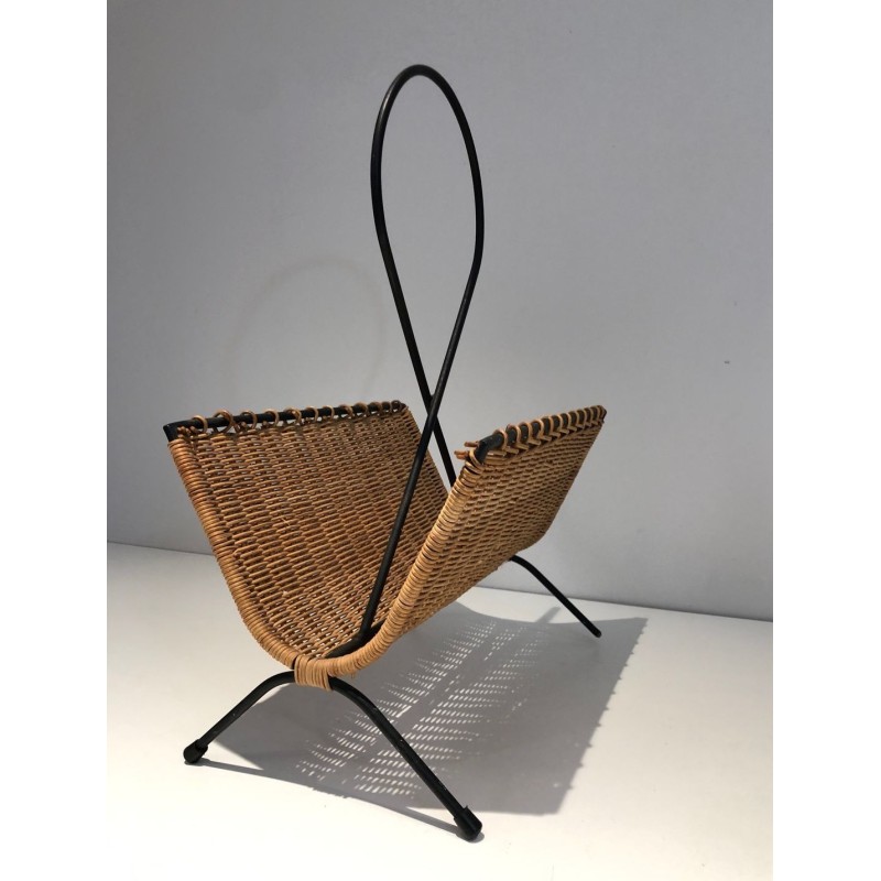 Rattan & Black Lacquered Metal Magazine Rack, French Mid-Century, c.1950