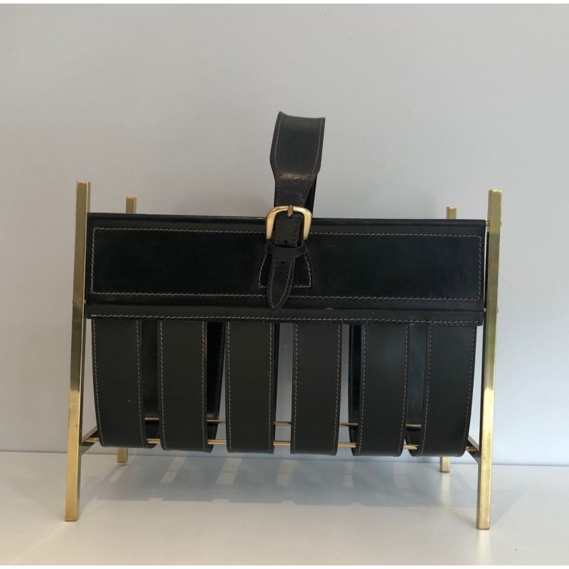 Porte-Revues Forme Sac à Main Laiton & Cuir, Jacques Adnet, Art Déco, v.1940