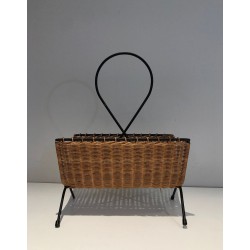 Rattan & Black Lacquered Metal Magazine Rack, French Mid-Century, c.1950