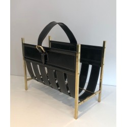 Handbag-Form Brass & Leather Magazine Rack, Jacques Adnet, Art Déco, c.1940