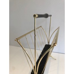 Blackened Wood & Brass Magazine Rack, Italian Mid-Century Modern, c.1950