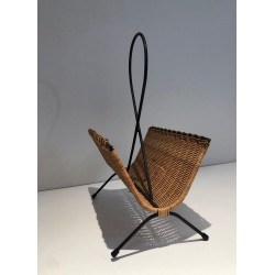Porte-Revues Rotin & Métal Laqué Noir, Travail Français Mid-Century, v.1950