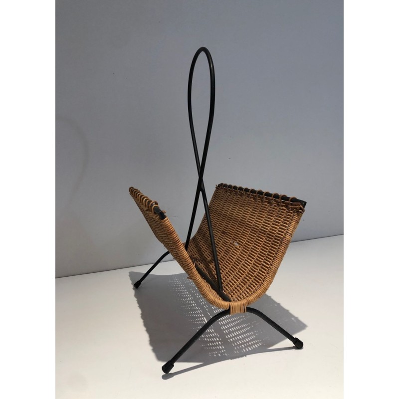 Porte-Revues Rotin & Métal Laqué Noir, Travail Français Mid-Century, v.1950