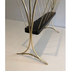 Porte-Revues Bois Noirci & Laiton, Travail Italien Mid-Century, v.1950