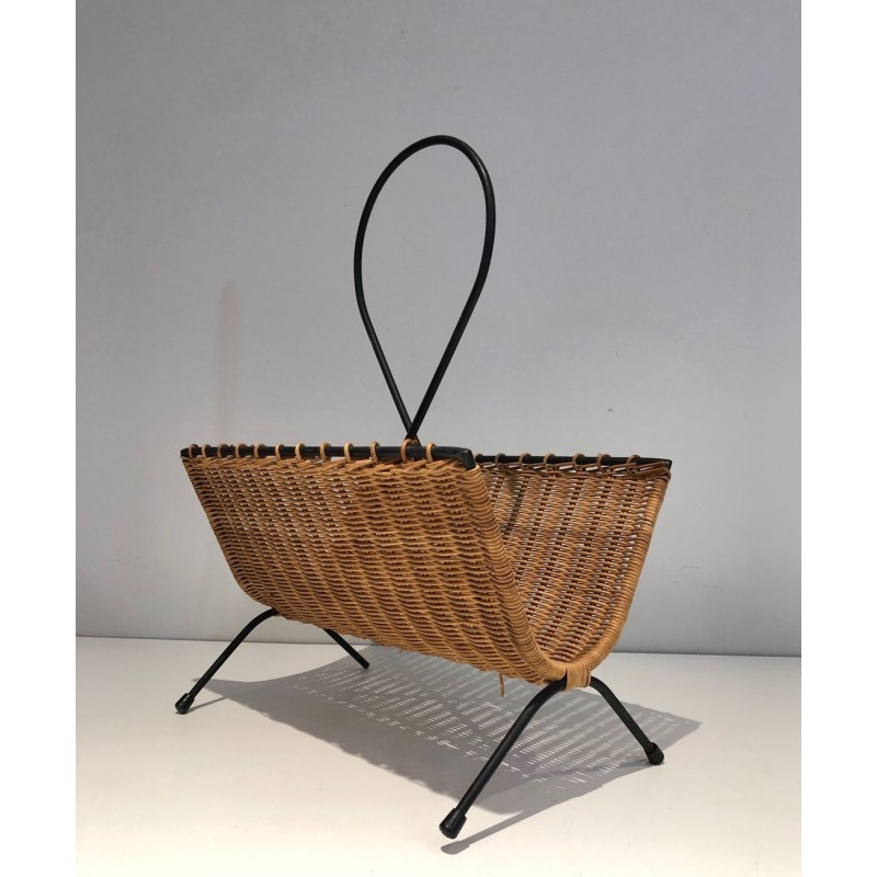 Porte-Revues Rotin & Métal Laqué Noir, Travail Français Mid-Century, v.1950