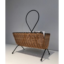 Porte-Revues Rotin & Métal Laqué Noir, Travail Français Mid-Century, v.1950