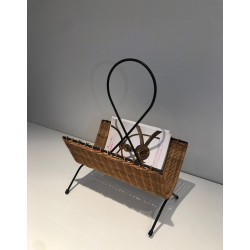 Porte-Revues Rotin & Métal Laqué Noir, Travail Français Mid-Century, v.1950