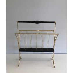 Blackened Wood & Brass Magazine Rack, Italian Mid-Century Modern, c.1950