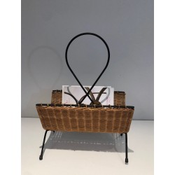 Rattan & Black Lacquered Metal Magazine Rack, French Mid-Century, c.1950