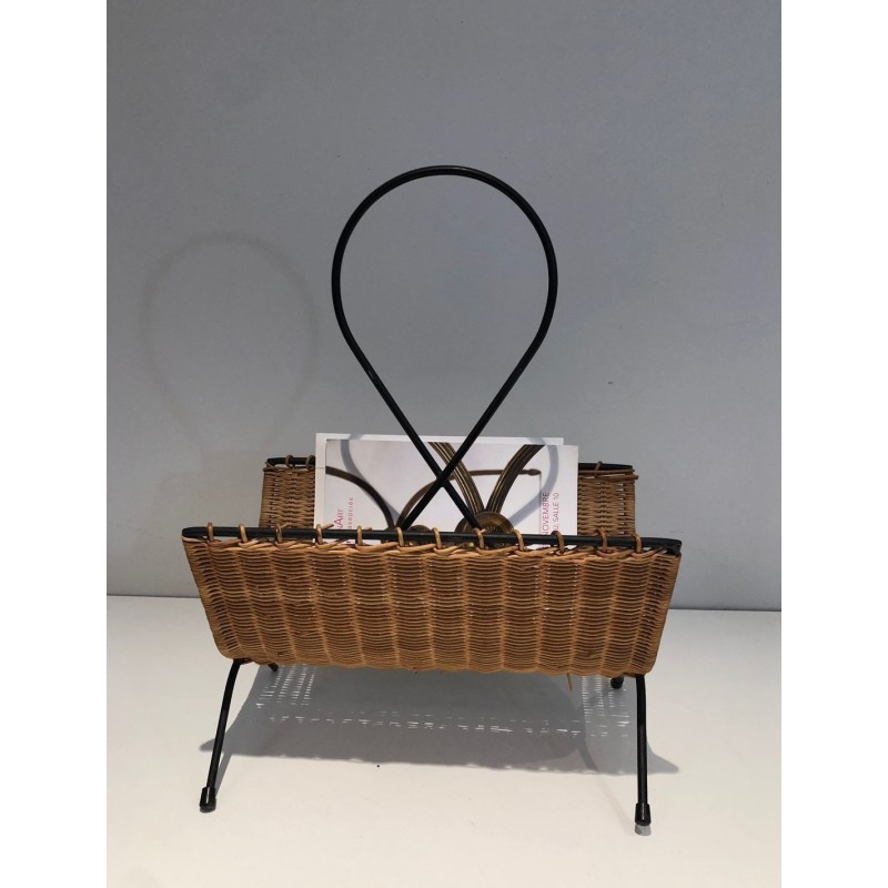 Porte-Revues Rotin & Métal Laqué Noir, Travail Français Mid-Century, v.1950