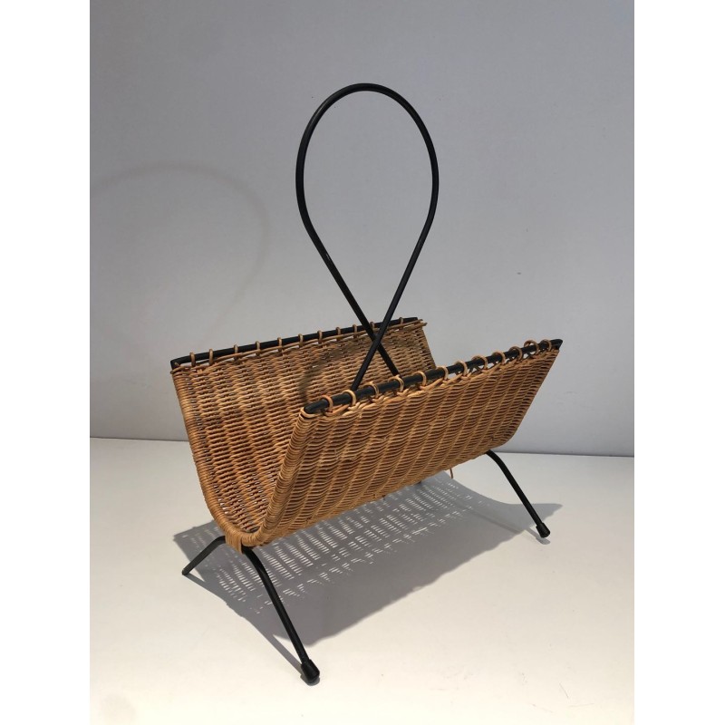 Porte-Revues Rotin & Métal Laqué Noir, Travail Français Mid-Century, v.1950