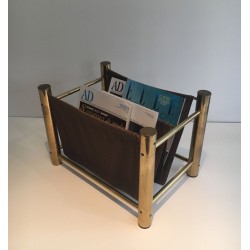Gilt Metal and Fabric Magazine Rack, French Decorative Arts, c.1970