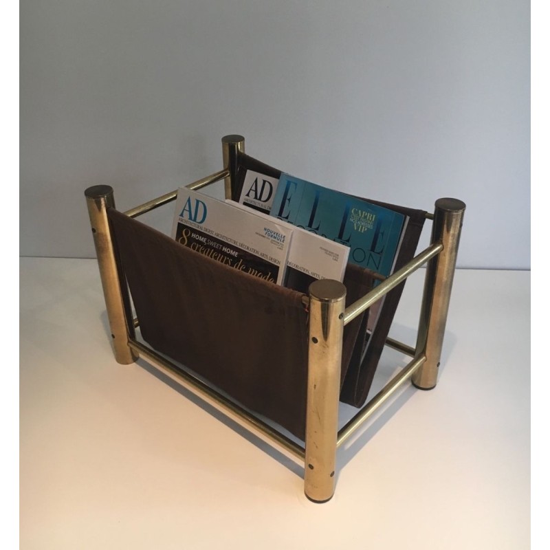 Gilt Metal and Fabric Magazine Rack, French Decorative Arts, c.1970