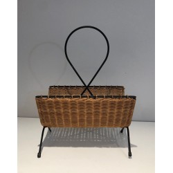 Porte-Revues Rotin & Métal Laqué Noir, Travail Français Mid-Century, v.1950