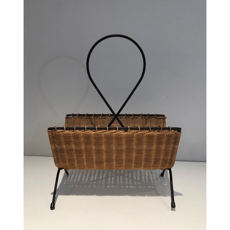 Porte-Revues Rotin & Métal Laqué Noir, Travail Français Mid-Century, v.1950
