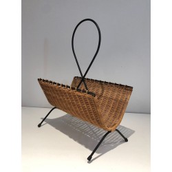 Porte-Revues Rotin & Métal Laqué Noir, Travail Français Mid-Century, v.1950