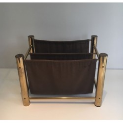 Gilt Metal and Fabric Magazine Rack, French Decorative Arts, c.1970