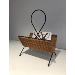 Porte-Revues Rotin & Métal Laqué Noir, Travail Français Mid-Century, v.1950