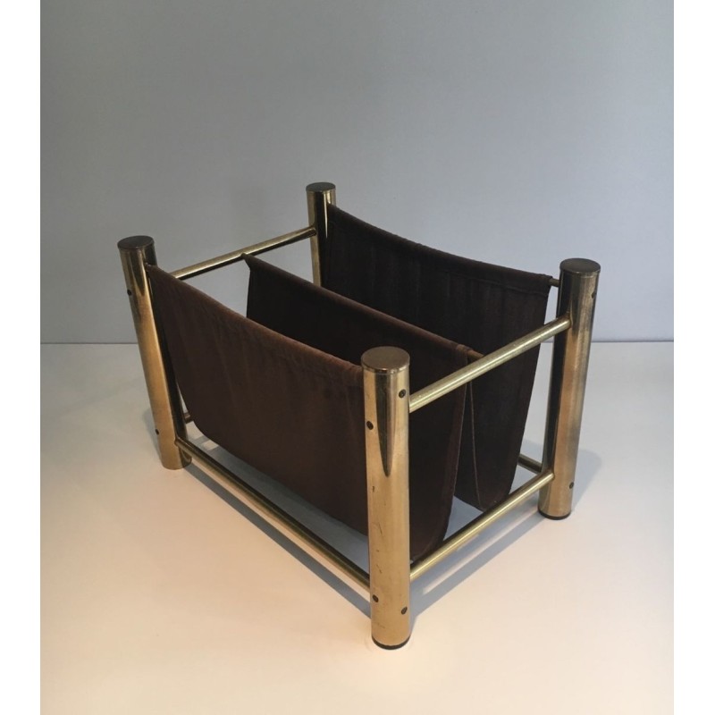 Gilt Metal and Fabric Magazine Rack, French Decorative Arts, c.1970