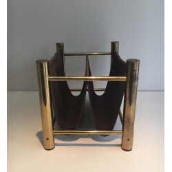 Gilt Metal and Fabric Magazine Rack, French Decorative Arts, c.1970