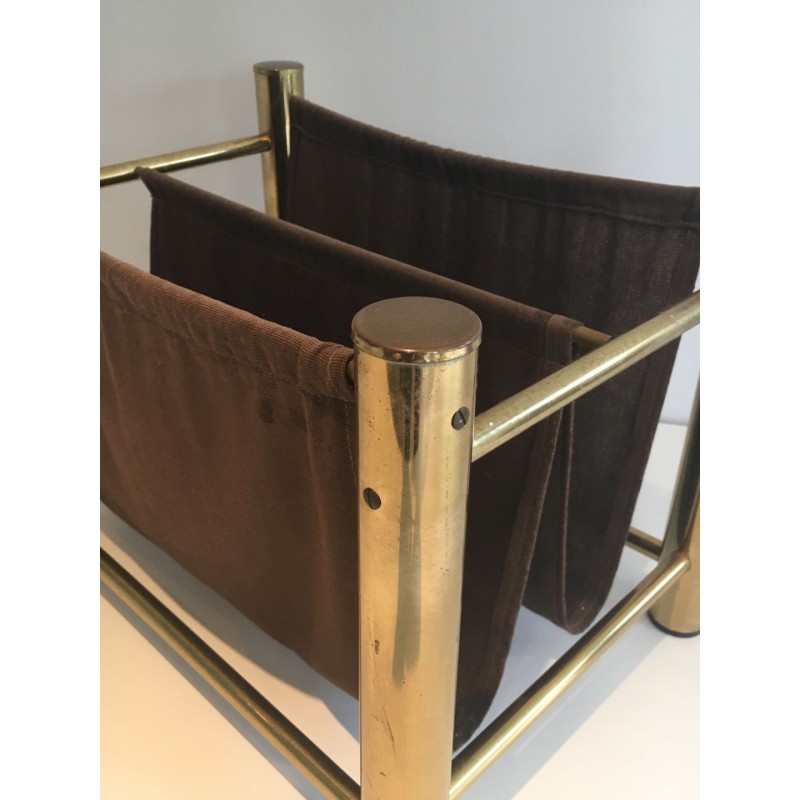 Gilt Metal and Fabric Magazine Rack, French Decorative Arts, c.1970