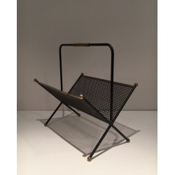Porte-Revues Métal Laqué Noir, Tôle Perforée & Laiton, Travail Français, v.1950