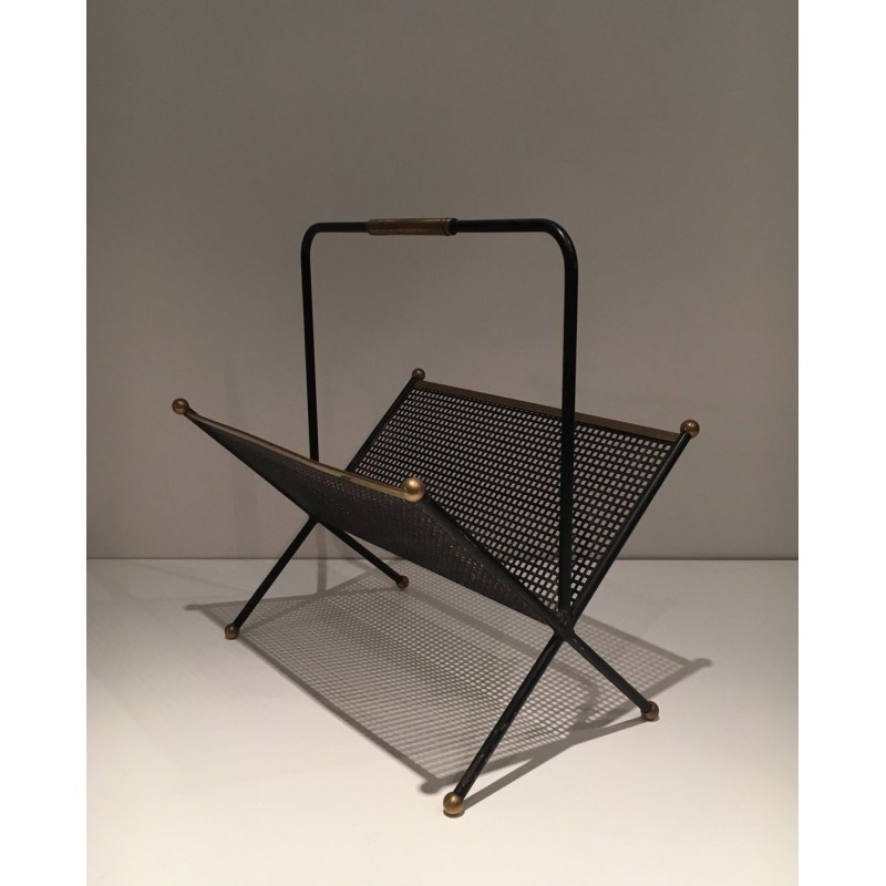 Porte-Revues Métal Laqué Noir, Tôle Perforée & Laiton, Travail Français, v.1950