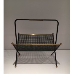 Porte-Revues Métal Laqué Noir, Tôle Perforée & Laiton, Travail Français, v.1950