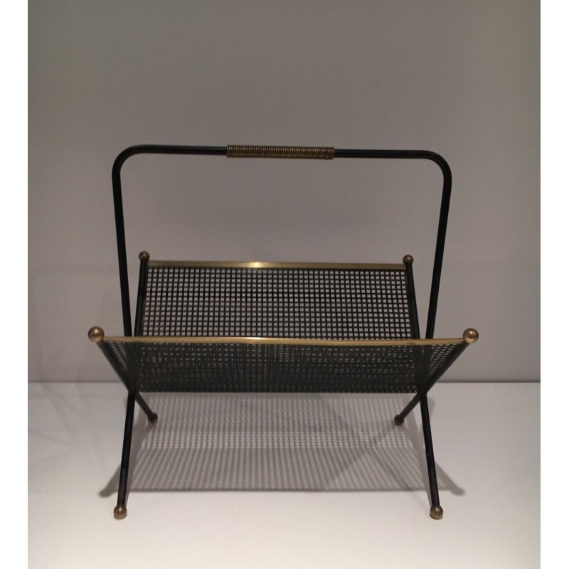 Black Lacquered Perforated Metal & Brass Magazine Rack, French, c.1950