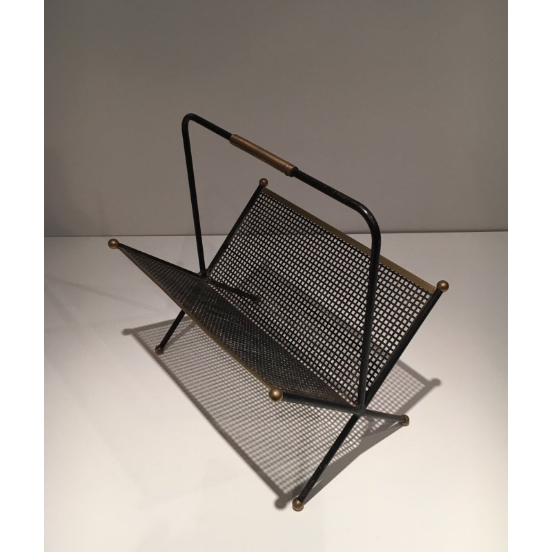 Black Lacquered Perforated Metal & Brass Magazine Rack, French, c.1950