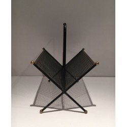 Porte-Revues Métal Laqué Noir, Tôle Perforée & Laiton, Travail Français, v.1950