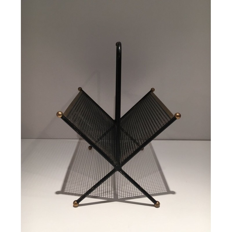 Porte-Revues Métal Laqué Noir, Tôle Perforée & Laiton, Travail Français, v.1950