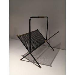 Porte-Revues Métal Laqué Noir, Tôle Perforée & Laiton, Travail Français, v.1950