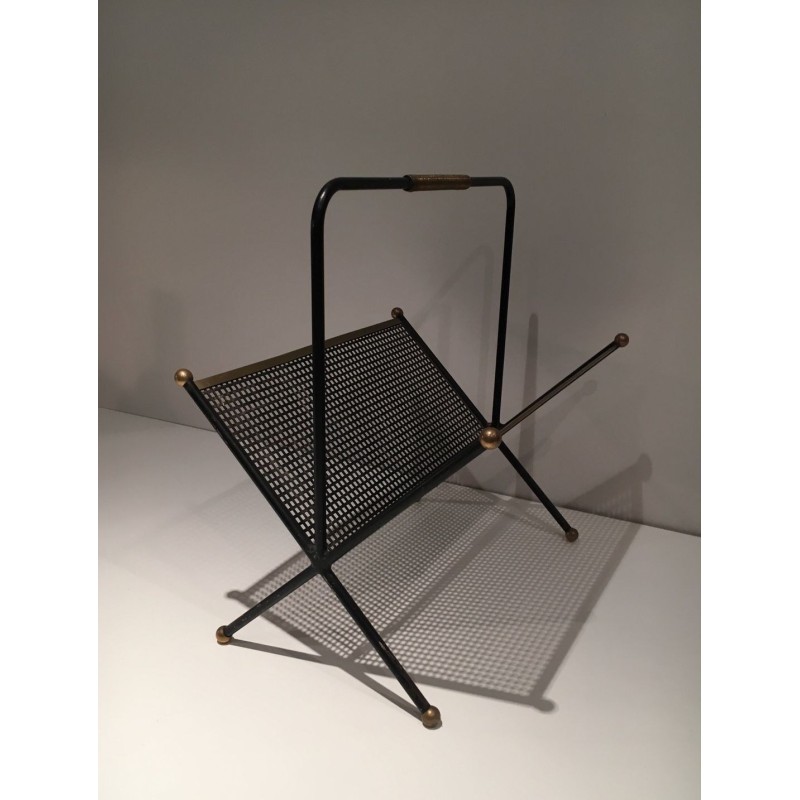 Porte-Revues Métal Laqué Noir, Tôle Perforée & Laiton, Travail Français, v.1950