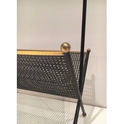 Porte-Revues Métal Laqué Noir, Tôle Perforée & Laiton, Travail Français, v.1950