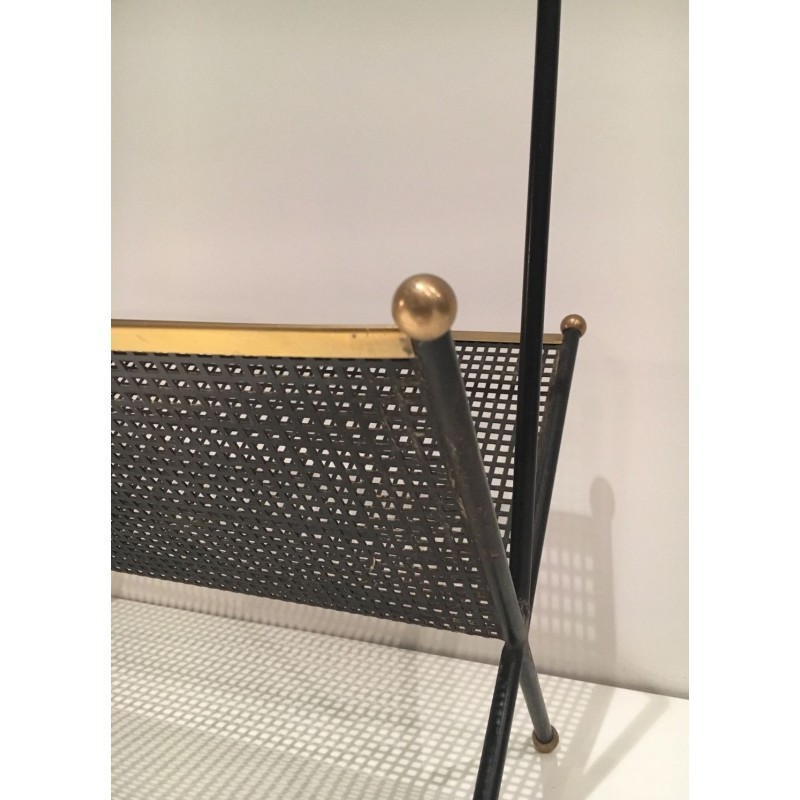 Porte-Revues Métal Laqué Noir, Tôle Perforée & Laiton, Travail Français, v.1950