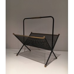 Black Lacquered Perforated Metal & Brass Magazine Rack, French, c.1950