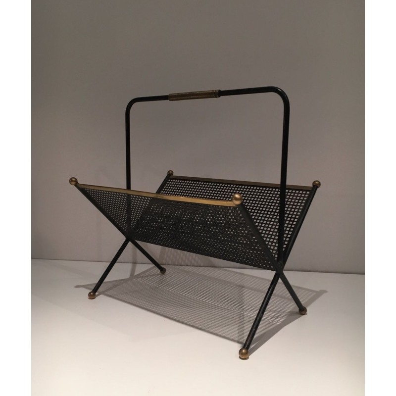Black Lacquered Perforated Metal & Brass Magazine Rack, French, c.1950