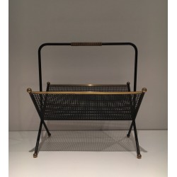 Black Lacquered Perforated Metal & Brass Magazine Rack, French, c.1950