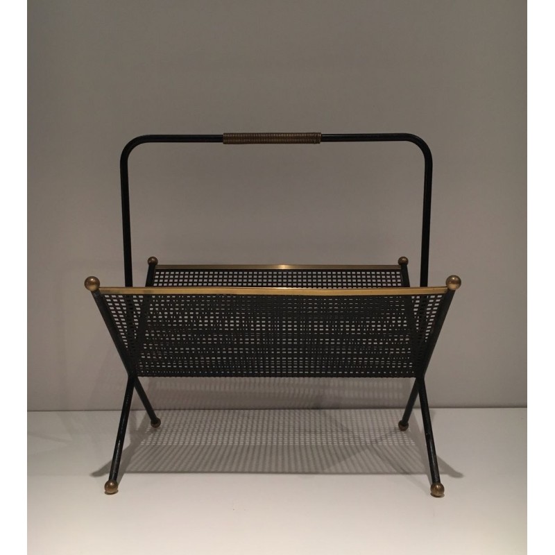 Porte-Revues Métal Laqué Noir, Tôle Perforée & Laiton, Travail Français, v.1950