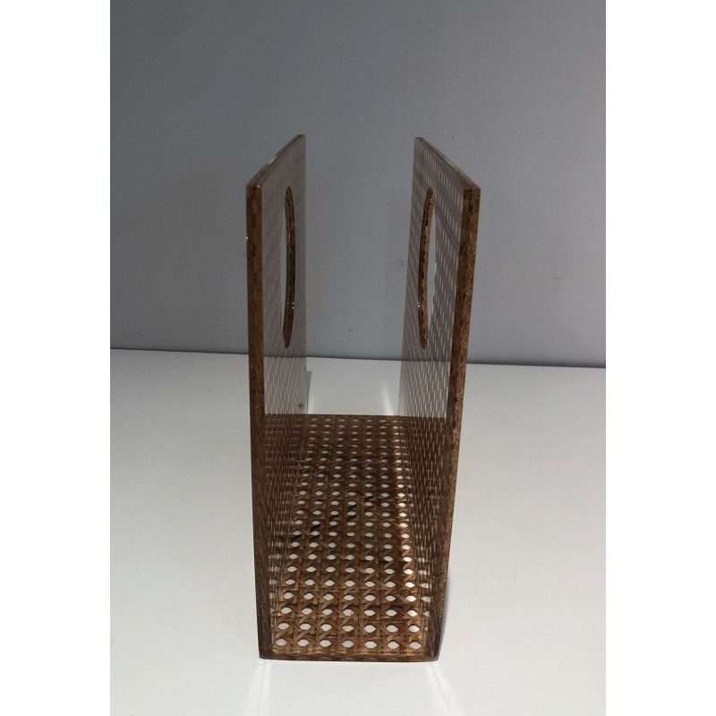 Plexiglass & Cane Magazine Rack, Dior-Crespi Style, French, circa 1970
